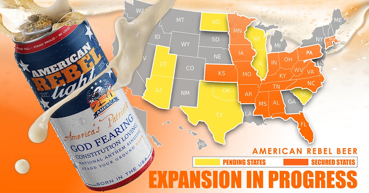 AmericanRebel99's tweet photo. This All-American, red, white, and blue blooded all-natural light beer company is scaling fast. American Rebel scaled from 1 to 18 states in 24 months, with a 94% reorder rate at Total Wine. Own a piece of it, invest now.