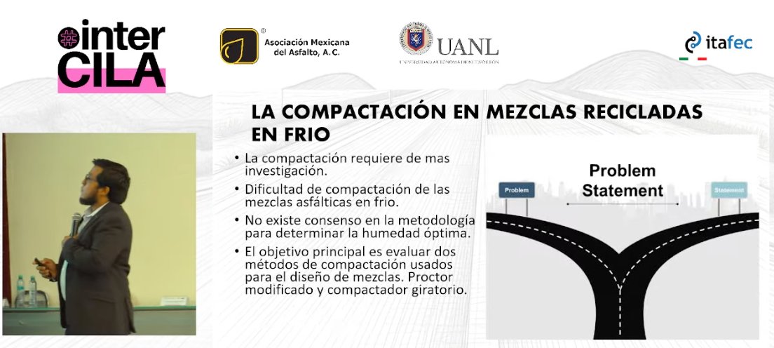 Perisandru's tweet photo. ♻️ ¿Es posible usar mezclas en frío con alto contenido de RAP directamente en capas de rodadura? 
En #InterCILA2026 inicia la exposición del Dr. Guillermo Flores Cuevas (@uanl ). 

 📌 Puntos clave de su ponencia:
🔹 "Mezclas Asfálticas en frío, para rodadura empleando RAP, emulsiones y agentes de reciclaje". 
🔹 Retos de normatividad, acopio y diseño para lograr una verdadera economía circular en carreteras.

#Asfalto #IngenieríaVial #CILA #EconomíaCircular #CarreterasyAlgomas @interCILA #interCILA