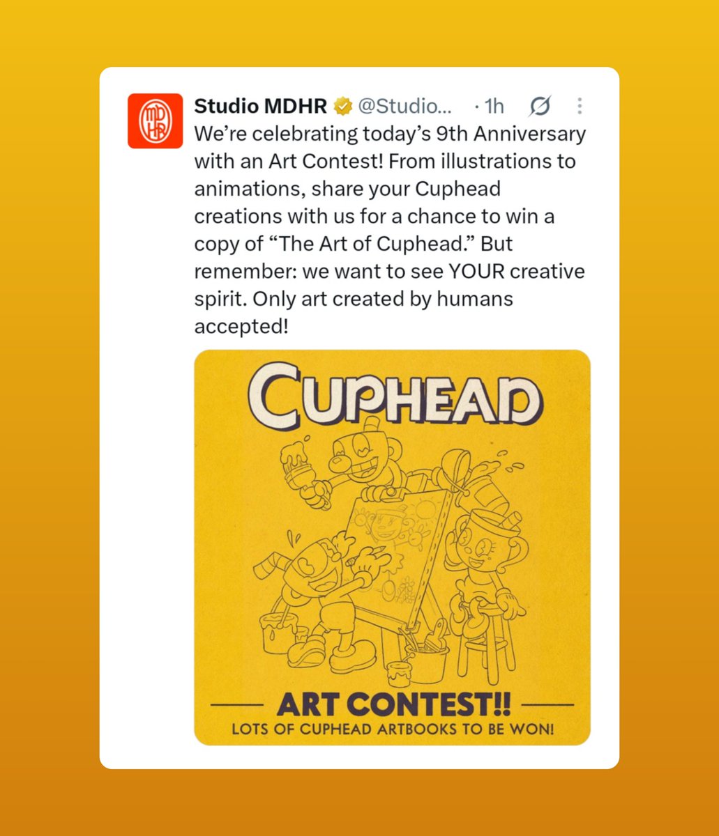 CartoonsOTMoon's tweet photo. Para celebrar el 9.º aniversario de Cuphead, Studio MDHR lanzó un concurso de arte con una regla clara: 

💬 «Solo se acepta arte creado por humanos». https://t.co/rX8XAM3eiu