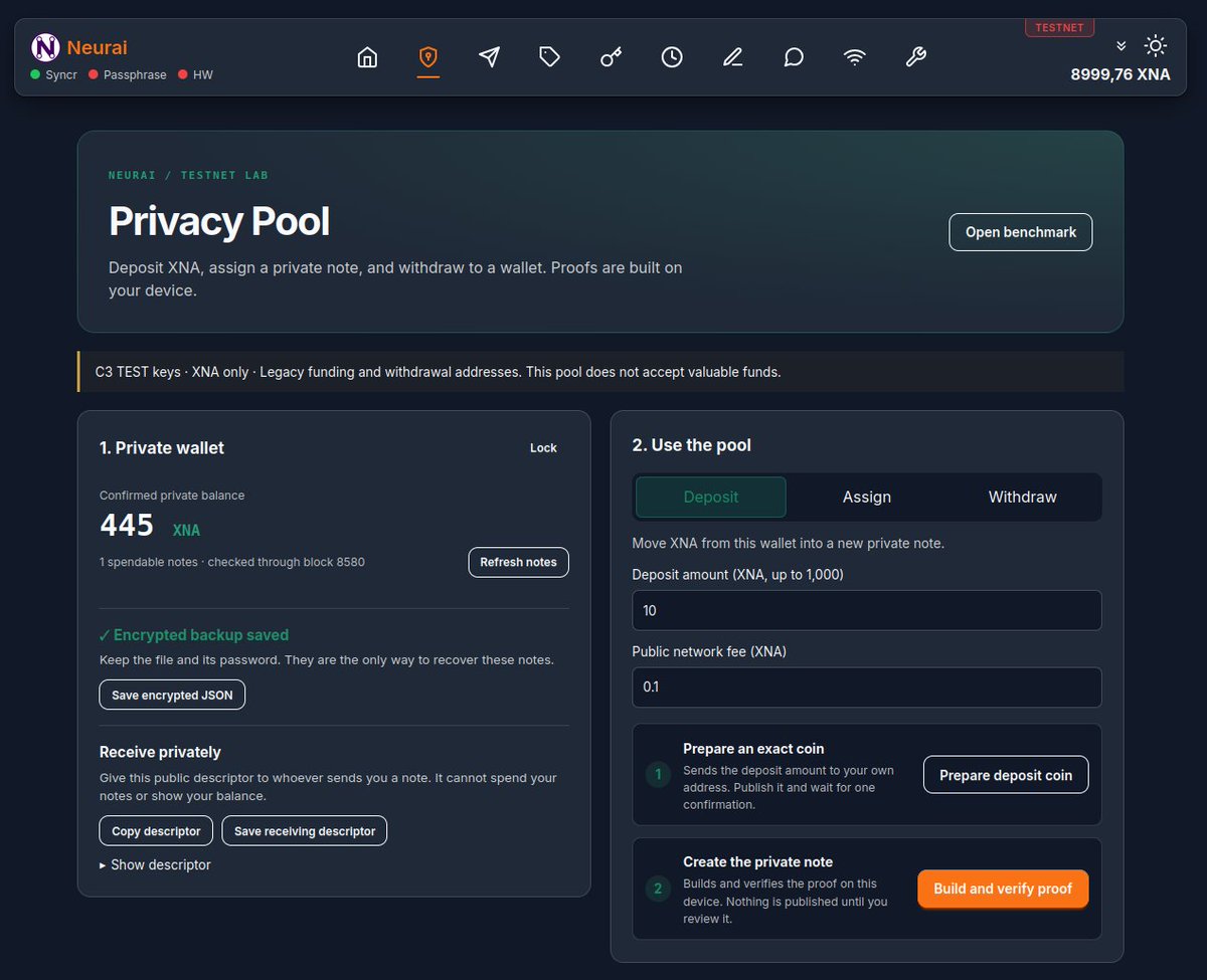 neuraiproject's tweet photo. 🥷Testing: Neurai Privacy Pool
We already have an alpha version in our wallet so we can start testing  fund management in the privacy pool. 

In a day or two, we’ll make it available to anyone who wants to test it. 

All of this uses Covenants and our new v3 transaction model.

#Neurai #XNA neurai:native #zK #Positronic