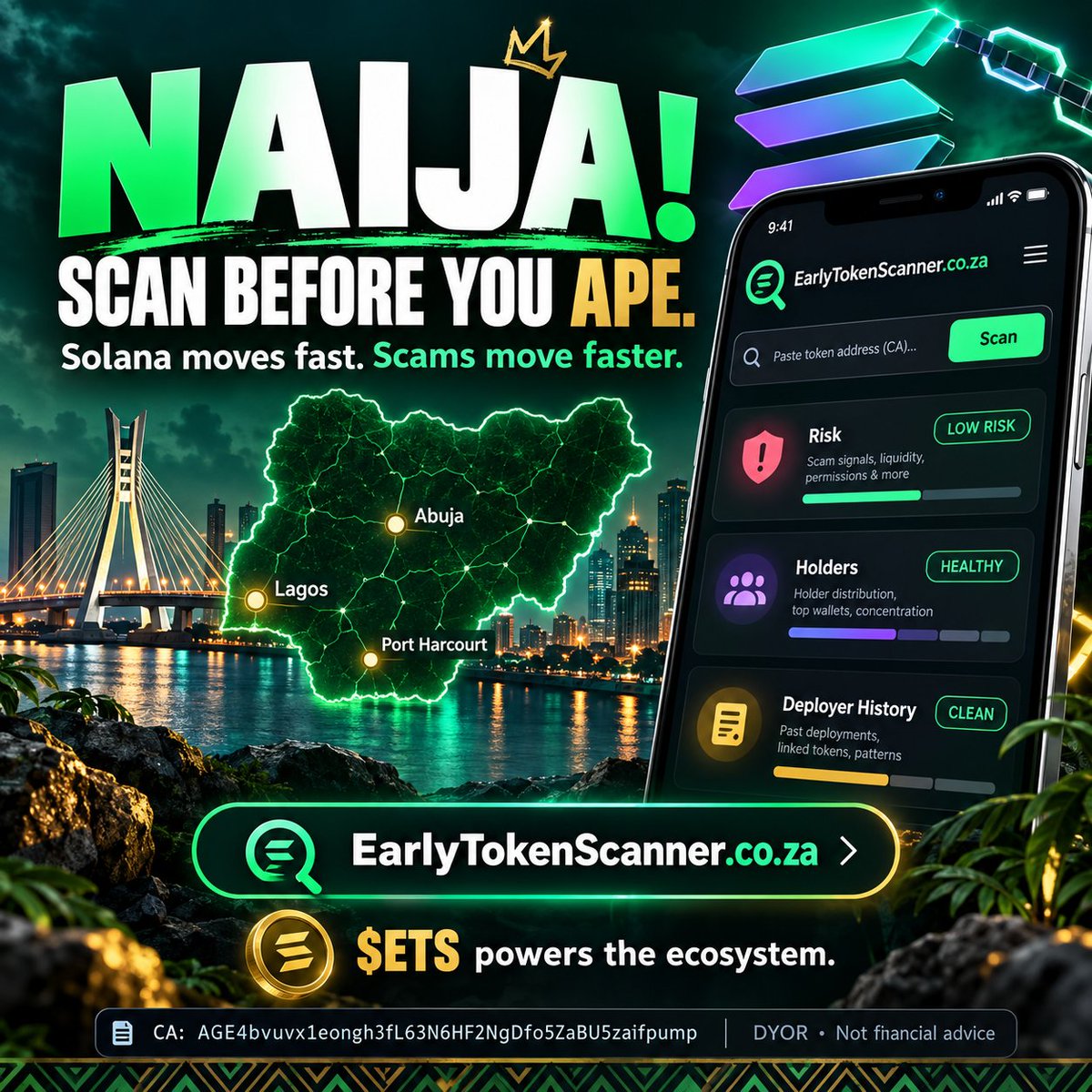 EarlyTokenSc's tweet photo. Naija! Solana dey move fast, but scam dey move faster. 🚨
Stop aping blind. 

Use https://t.co/ANrkEp3pJC to scan risk, holders & deployer history BEFORE you buy.

ETS powers the ecosystem.
CA: AGE4bvuvx1eongh3fL63N6HF2NgDfo5ZaBU5zaifpump

Scan before you ape. 🇳🇬
#Solana #CryptoNigeria #PumpFun #ETS #DYOR
Not financial advice.