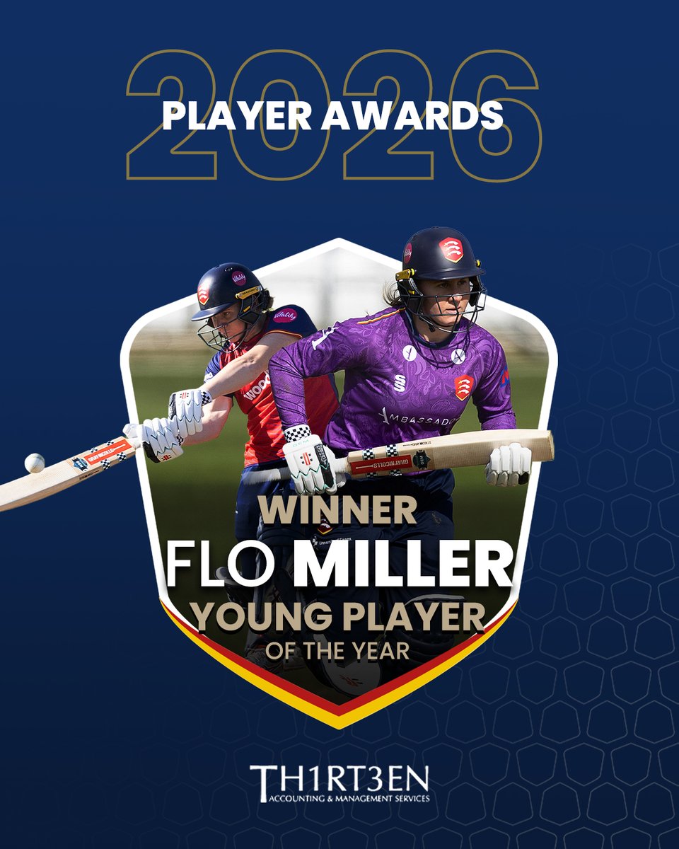 EssexWomen's tweet photo. ✨ FLOwing with talent!

With nearly 400 runs across the 2026 season, including a high score of 74 not out, Flo Miller is your Women's ThirteenAccounting Young Player of the Year! 🏅

🦅 #FlyLikeAnEagle https://t.co/1Gfj5tpo0M