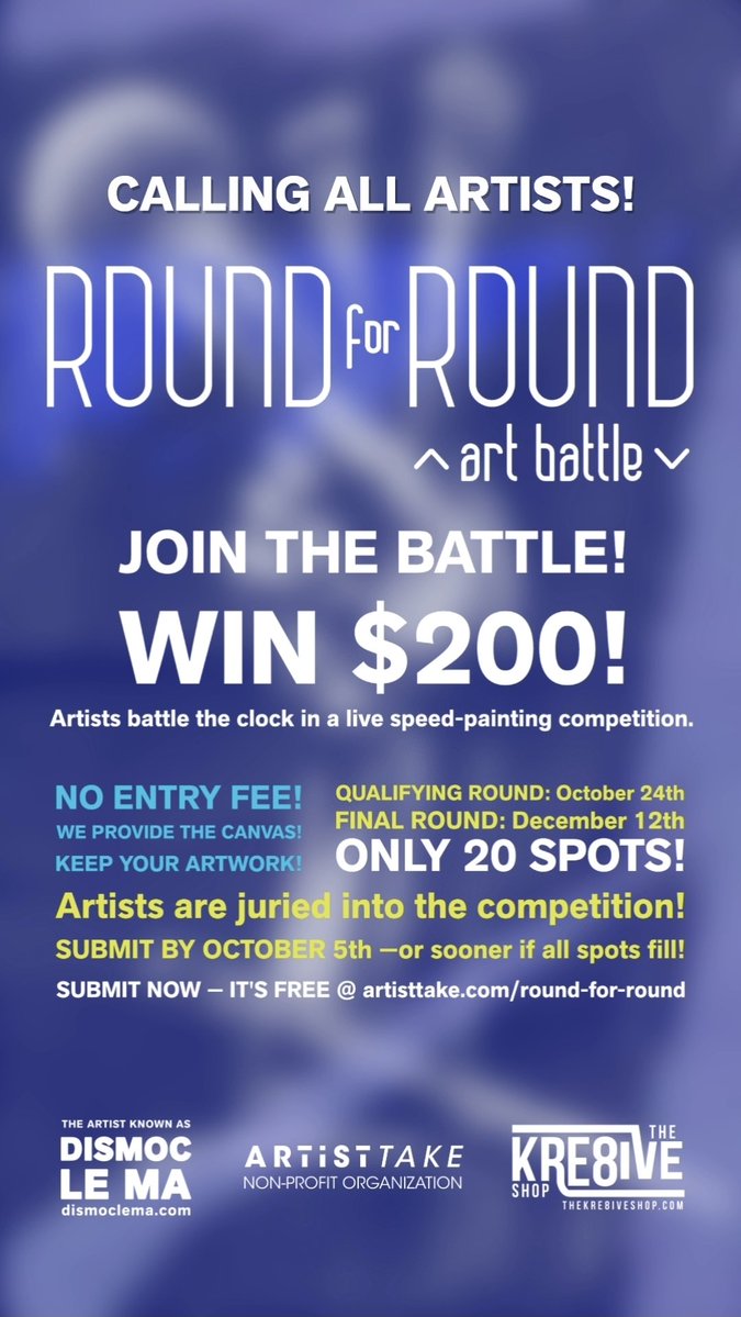 thekre8iveshop's tweet photo. Calling all artists! Join the Round for Round Art Battle, a live speed-painting competition win up to $200!
DEADLINE: October 5th — or sooner if all spots fill!
Submit now for free:
https://t.co/4CpZVFOmPf
#stlart #stlartist #stlouisart #roundforroundartbattle #callforart https://t.co/f6tefwszuG
