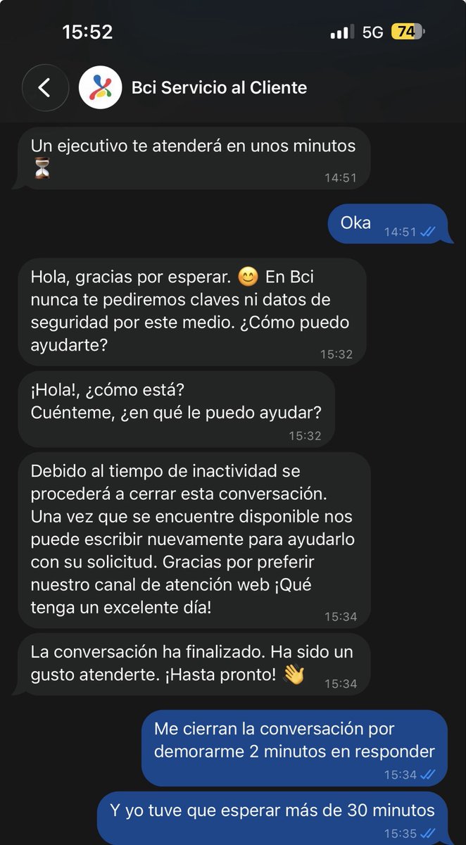 _Fideo's tweet photo. @BancoBci encuentro insólito que por no responder en 2 minutos, me cierren la conversación y yo tuve que esperar más de 30 minutos para que me respondieran! Super mala la atención. https://t.co/P7ICPAivvH