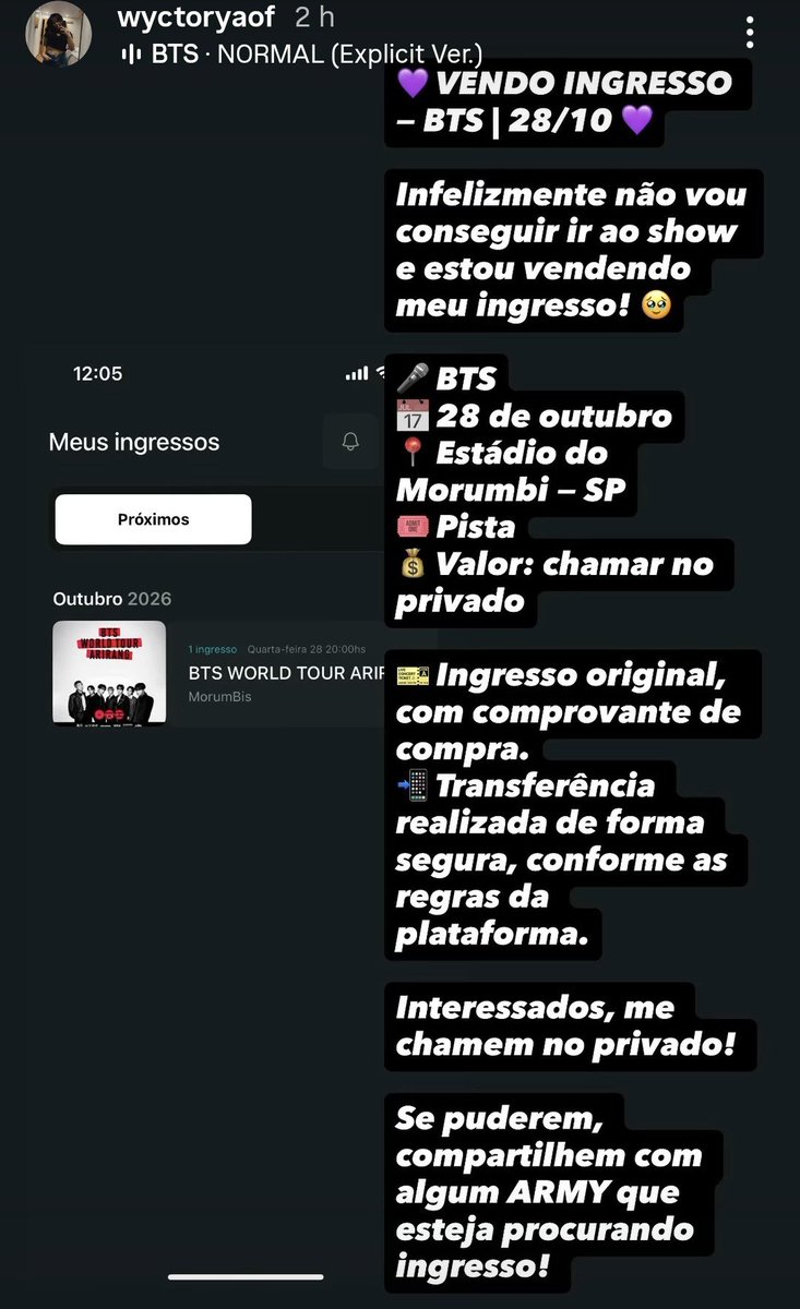 MFLima4's tweet photo. VENDO INGRESSO BTS 28/10 

CHAMAR NA DM!!!! 

#BTS_WORLDTOUR_ARİRANG #ingresso #compro #bts https://t.co/yMd4xPtSg3