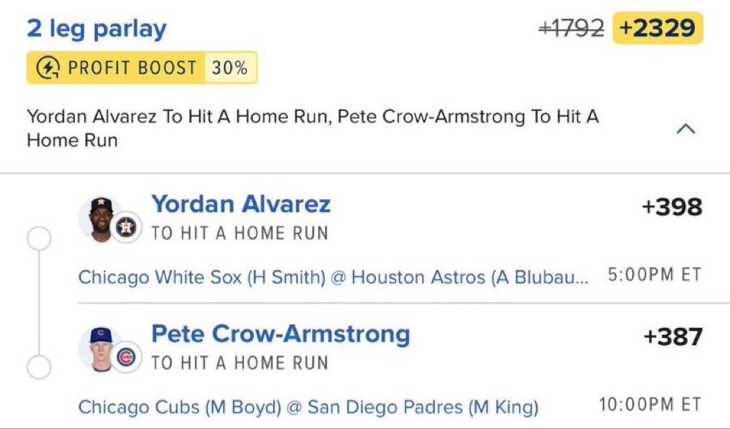 BiggestShy's tweet photo. 🔥⚾ 2-LEG MLB HOME RUN PARLAY 🔥

🚀 +2329 ODDS
⚡ 30% PROFIT BOOST

1️⃣ Yordan Alvarez — To Hit a Home Run (+398) 💣
2️⃣ Pete Crow-Armstrong — To Hit a Home Run (+387) 💥

🎯 2 HR PICKS • +2329

@MBWHYTESBET

#MLB #MLBPicks #HomeRunPicks #MLBParlay #SportsBetting @Playbook https://t.co/a7EjyC6YMO