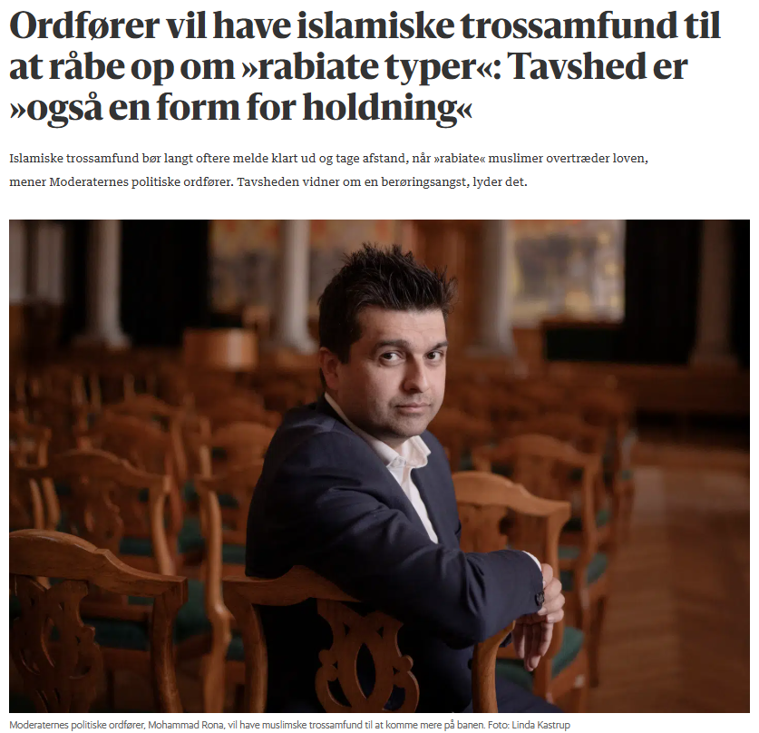 stoltdansker's tweet photo. @Mohammad_Rona fjerner fokus fra den reelle løsning!  

Han vil gerne have, at det muslimske samfund i Danmark tager afstand fra kriminelle muslimer som Oussama El-Saadi, imamen fra Grimhøjmoskeen, der for nylig blev dømt for socialt bedrageri.  

Grunden til opfordringen er, at det vil skabe et andet billede af, hvordan muslimer er, hvis de gjorde det, siger han.  

Det kan godt være, men hvorfor skal fokusset være på at fremstille muslimer i et bedre lys? Hvorfor skal fokusset ikke være på at erkende og finde en reel løsning problemet med kriminelle muslimer i stedet?   

Men det vil Mohammad Rona naturligvis ikke, for remigration er ikke i hans interesse. Muslimer er nemlig en vigtig vælgergruppe for ham og Moderaterne, og så er der jo også det ved det, at han selv har fremmede rødder fra Afghanistan.   

Det er imidlertid ikke udelukkende kriminelle muslimer, hvis tilstedeværelse her er problematisk. Der er kommet alt for mange uden for Europa til Danmark, og for at bevare vores land og vores danske identitet, så er vi nødt til at vende den demografiske udviklingen.  

Vi har løsningen, og den er remigration!