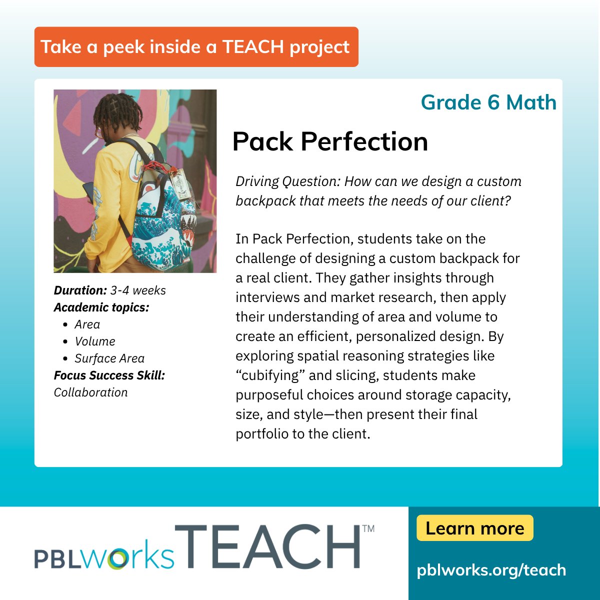 PBLWorks's tweet photo. TEACH Tuesday: 6th graders interview a real client, then use volume and surface area to design a backpack built for that person's actual needs — wrapping up with a client design portfolio. https://t.co/ADLOAcssXE #PBL https://t.co/49ka4MBJ3D