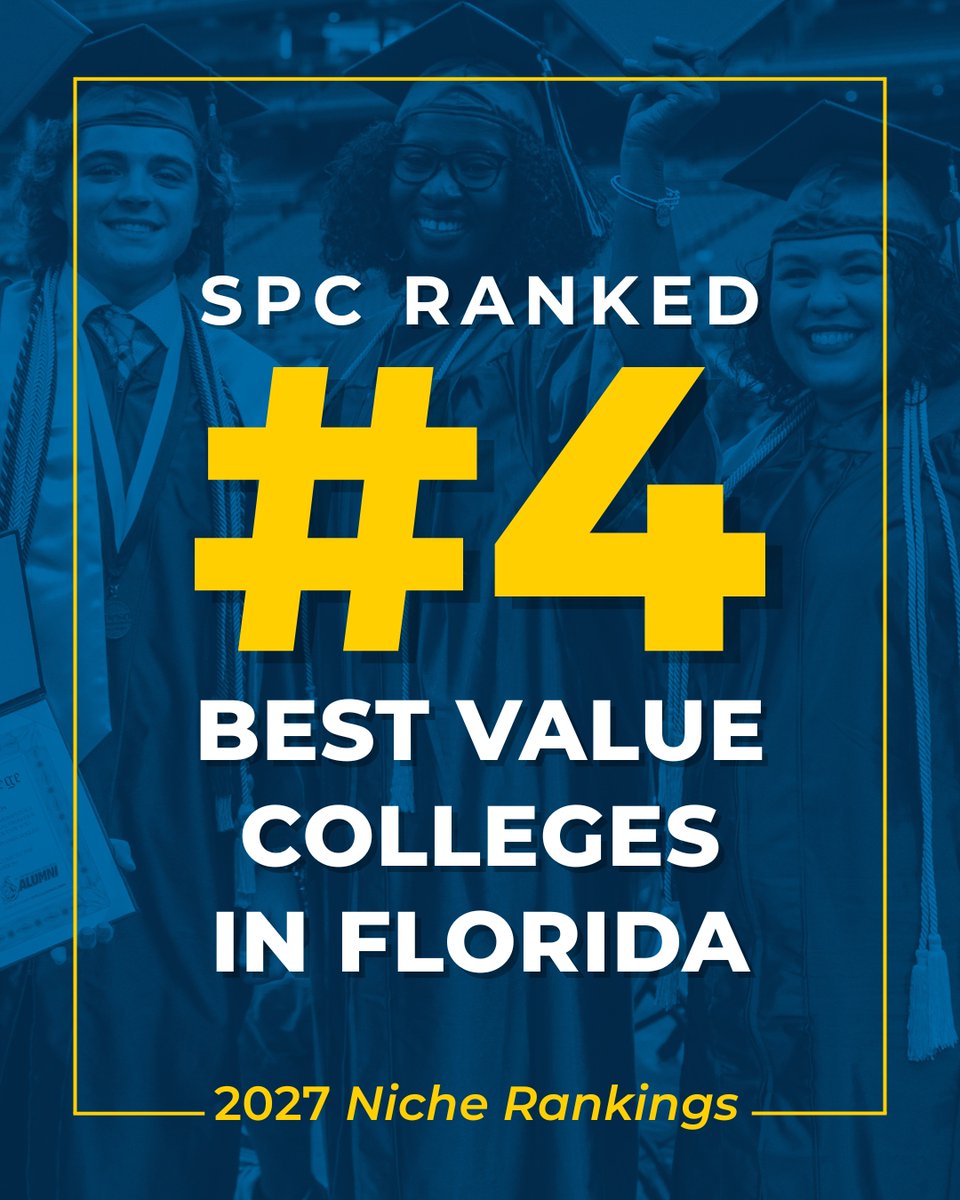 spcnews's tweet photo. We're honored to be Top 5 for Best Value Colleges in Florida! 🔱

SPC stands out for giving students a quality education at a cost that makes sense, backed by the experiences of students and alumni. https://t.co/eUQOuEN9t8