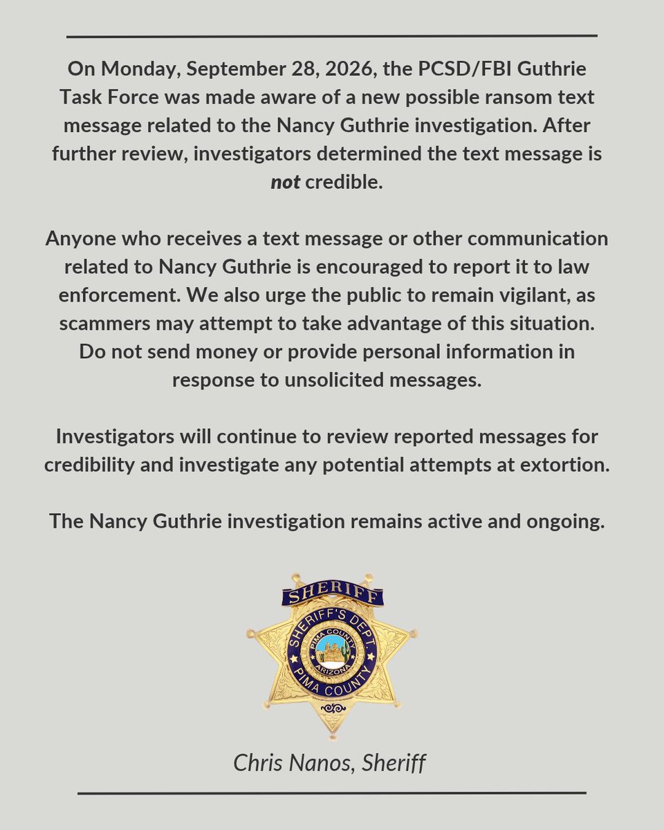 PimaSheriff's tweet photo. Statement regarding the Guthrie Investigation - https://t.co/ba0kVIOoWU