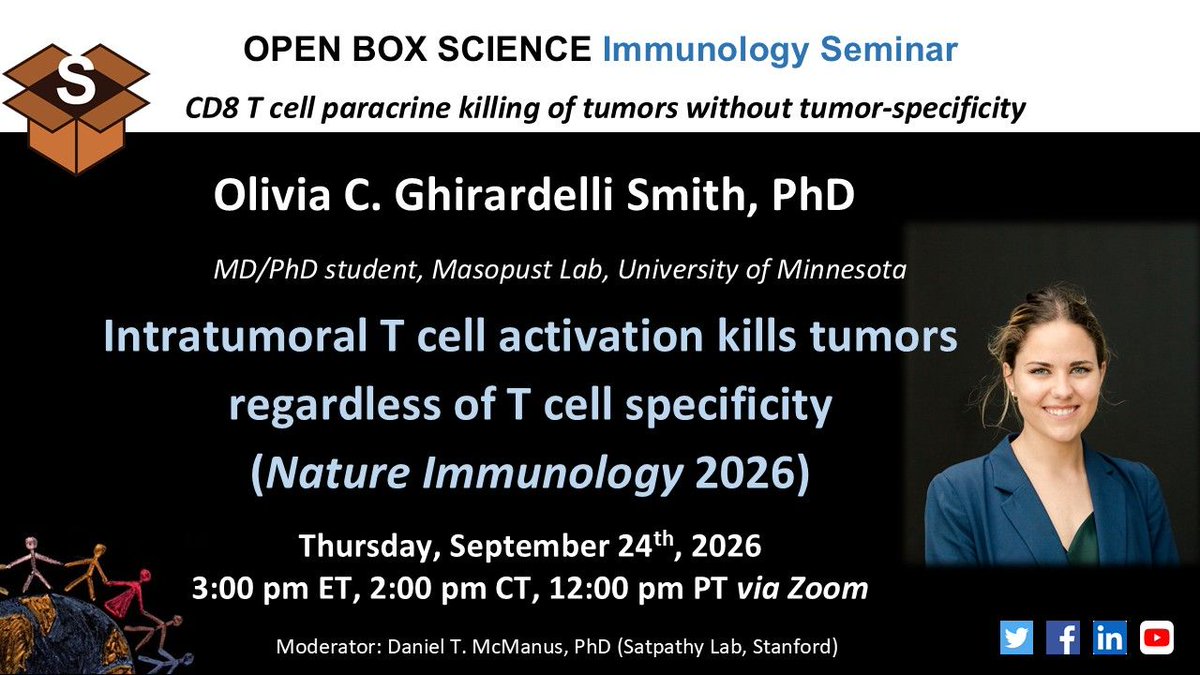 OpenBoxSci's tweet photo. Now on YouTube! https://t.co/FaGa4X2vOe 

'Intratumoral T cell activation kills tumors
regardless of T cell specificity' (Nat. Immunol. 2026)

Olivia C. Ghirardelli Smith, PhD
MD/PhD student, Masopust Lab
University of Minnesota https://t.co/jjARGsk7om