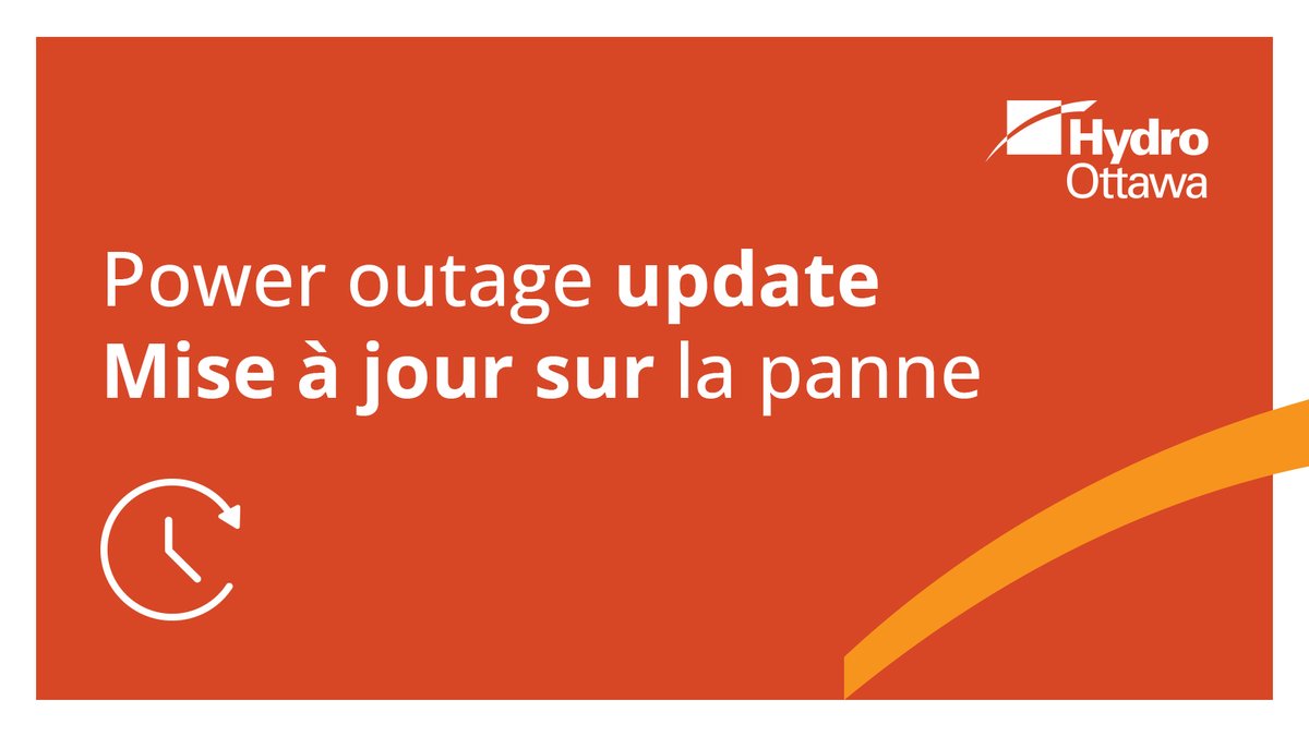 hydroottawa's tweet photo. OUTAGE ALERT UPDATE: Crews are on site in Stittsville, Kanata South and Rideau-Jock wards. Power has been restored to 1,662 customers. The outage is still affecting 675 customers. The current estimated time of restoration is 4:30 pm. Thank you for your patience. For updates, please visit https://t.co/CasZb0riWw. 
-
MISE À JOUR D'ALERTE DE PANNE : Les équipes sont sur place dans les quartiers de Rideau-Jock, Kanata Sud et Stittsville. Le courant a été rétabli pour 1 162 clients. La panne touche toujours 675 clients. L'heure estimée de rétablissement est 16h30. Merci de votre patience. Pour les mises à jour, veuillez consulter https://t.co/DRP1iyvjnk. 

@glengower