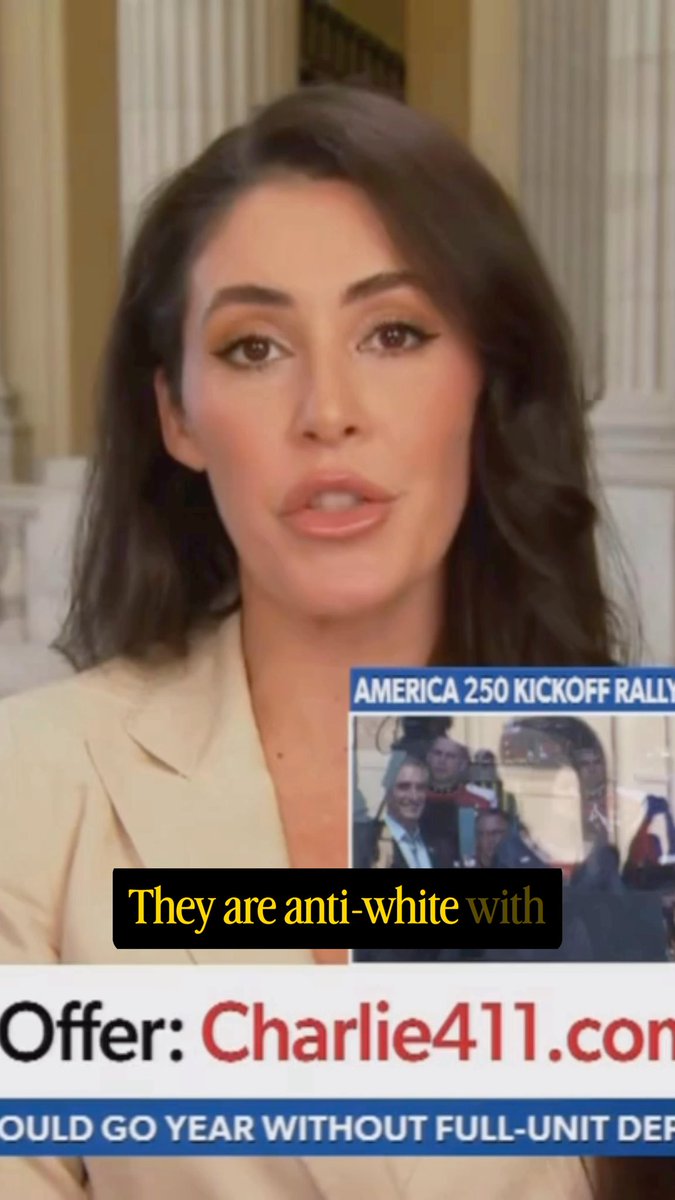 A news broadcast screenshot featuring a female commentator with on-screen text reading "AMERICA 250 KICKOFF RALLY", "They are anti-white with", and "Offer: Charlie411.com".