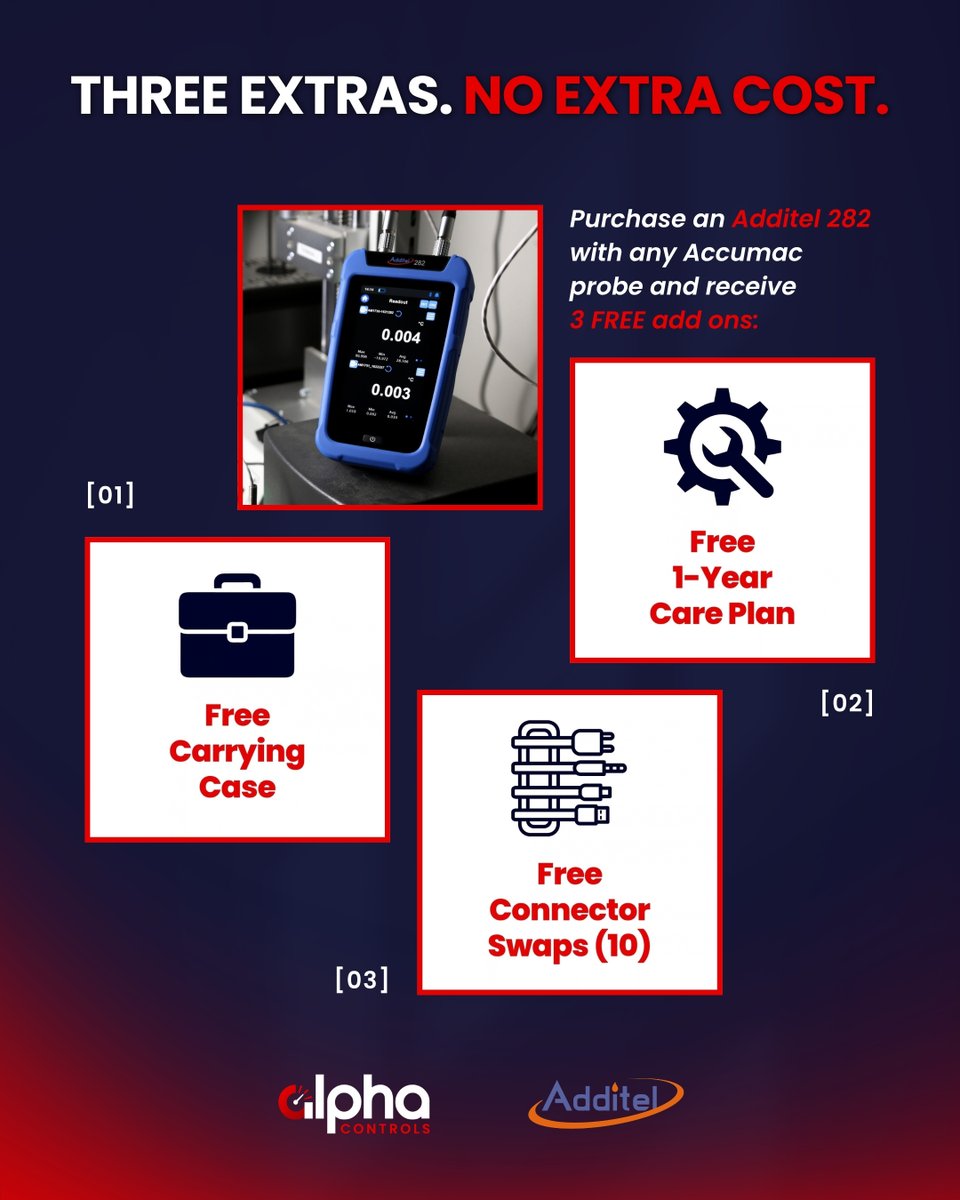 Alpha_Controls's tweet photo. Pick up the @AdditelCorp ADT282 Dual Channel Reference Thermometer Readout with an AccuMac Probe and here's what comes with it at no extra cost:

✅ A carrying case
✅ 1 year of coverage
✅ Connector swaps for up to 10 of your existing probes

Learn More: https://t.co/KXOxAbC036 https://t.co/Uoz7FVGQ9w