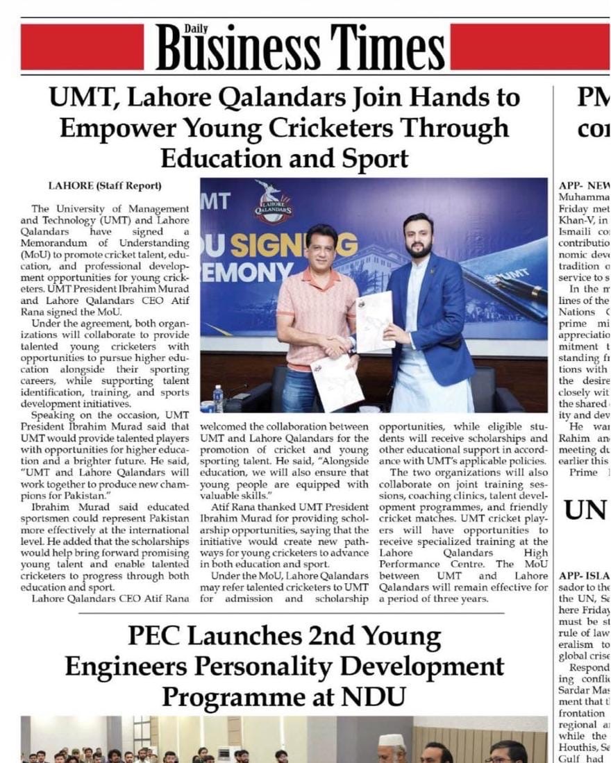 ibrahimhmurad's tweet photo. UMT, Lahore Qalandars Join Hands to Empower Young Cricketers Through Education and Sports
#lahoreqalandars #umt https://t.co/Ri1kY5lGqT