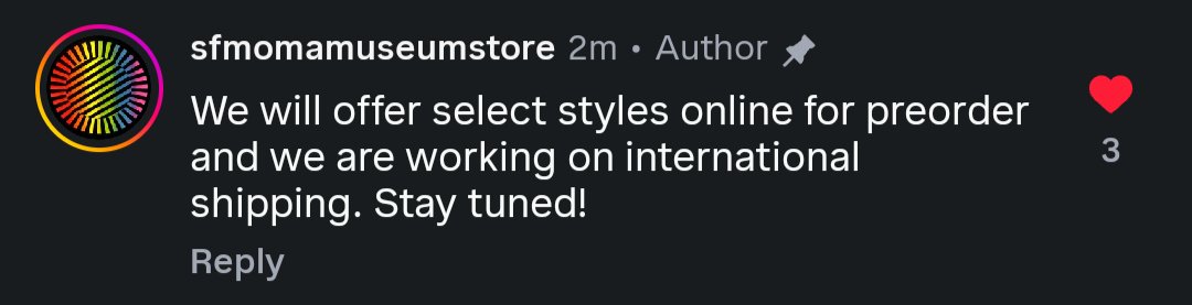 myjoonmymoon's tweet photo. SFMOMA museum store said they are going to have some styles available online and they're working on having an international shipping option. FYI! This is awesome @SFMOMA 💜 https://t.co/FjOmtl4fBL