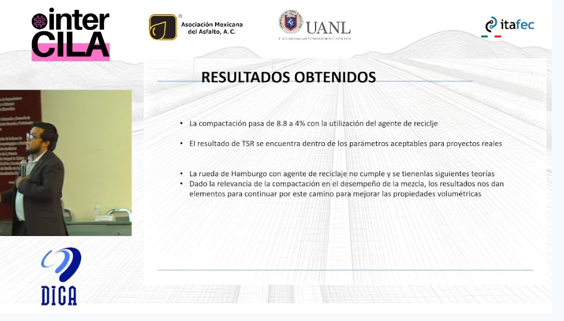 Perisandru's tweet photo. ♻️ ¿Es posible usar mezclas en frío con alto contenido de RAP directamente en capas de rodadura? 
En #InterCILA2026 inicia la exposición del Dr. Guillermo Flores Cuevas (@uanl ). 

 📌 Puntos clave de su ponencia:
🔹 "Mezclas Asfálticas en frío, para rodadura empleando RAP, emulsiones y agentes de reciclaje". 
🔹 Retos de normatividad, acopio y diseño para lograr una verdadera economía circular en carreteras.

#Asfalto #IngenieríaVial #CILA #EconomíaCircular #CarreterasyAlgomas @interCILA #interCILA