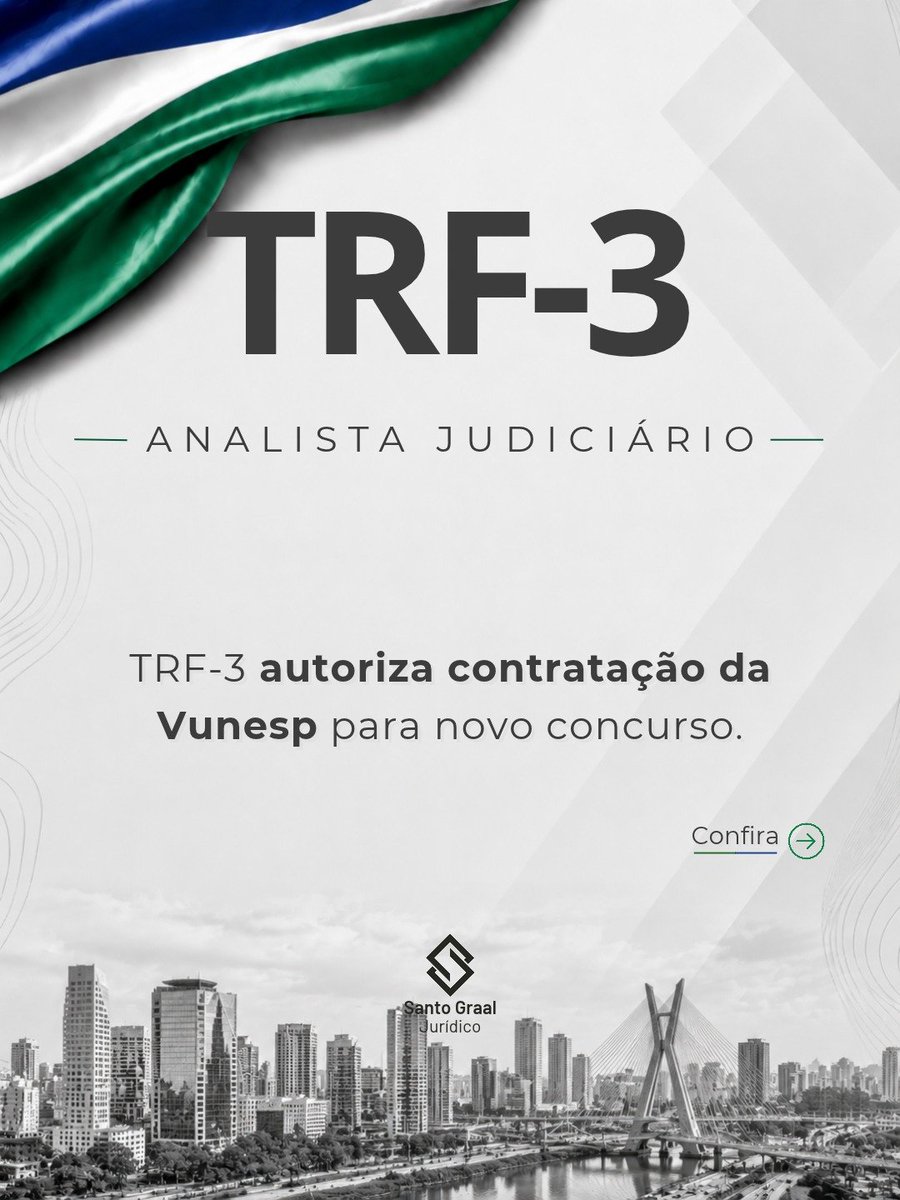 santograaljuri's tweet photo. 📢 TRF3 | Analista Judiciário — contratação da Vunesp é autorizada para novo concurso

O TRF3 autorizou a contratação da Vunesp para organizar, planejar e realizar um novo concurso destinado aos quadros do Tribunal Regional Federal da 3ª Região, da Seção Judiciária de São Paulo e da Seção Judiciária de Mato Grosso do Sul.

O valor estimado da contratação é de R$ 1.091.500,00.

📌 Para Analista Judiciário, há necessidade já identificada na Área Judiciária, especialmente no Mato Grosso do Sul, onde o Tribunal vem promovendo movimentações e nomeações para o cargo.

⚠️ O documento divulgado autoriza a contratação da banca. O edital, número de vagas e distribuição por unidade ainda não foram divulgados.

Seguimos acompanhando. 👀

Aos estudos! 💪