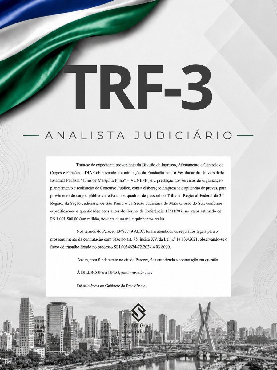 santograaljuri's tweet photo. 📢 TRF3 | Analista Judiciário — contratação da Vunesp é autorizada para novo concurso

O TRF3 autorizou a contratação da Vunesp para organizar, planejar e realizar um novo concurso destinado aos quadros do Tribunal Regional Federal da 3ª Região, da Seção Judiciária de São Paulo e da Seção Judiciária de Mato Grosso do Sul.

O valor estimado da contratação é de R$ 1.091.500,00.

📌 Para Analista Judiciário, há necessidade já identificada na Área Judiciária, especialmente no Mato Grosso do Sul, onde o Tribunal vem promovendo movimentações e nomeações para o cargo.

⚠️ O documento divulgado autoriza a contratação da banca. O edital, número de vagas e distribuição por unidade ainda não foram divulgados.

Seguimos acompanhando. 👀

Aos estudos! 💪