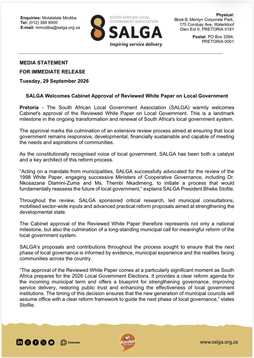 SALGA_Gov's tweet photo. SALGA Welcomes Cabinet Approval of Reviewed White Paper on Local Government

This is a landmark milestone in the ongoing transformation and renewal of South Africa's local government system.

#LGWhitePaper
#InspiringServiceDelivery https://t.co/EJw1Lk5Jvv