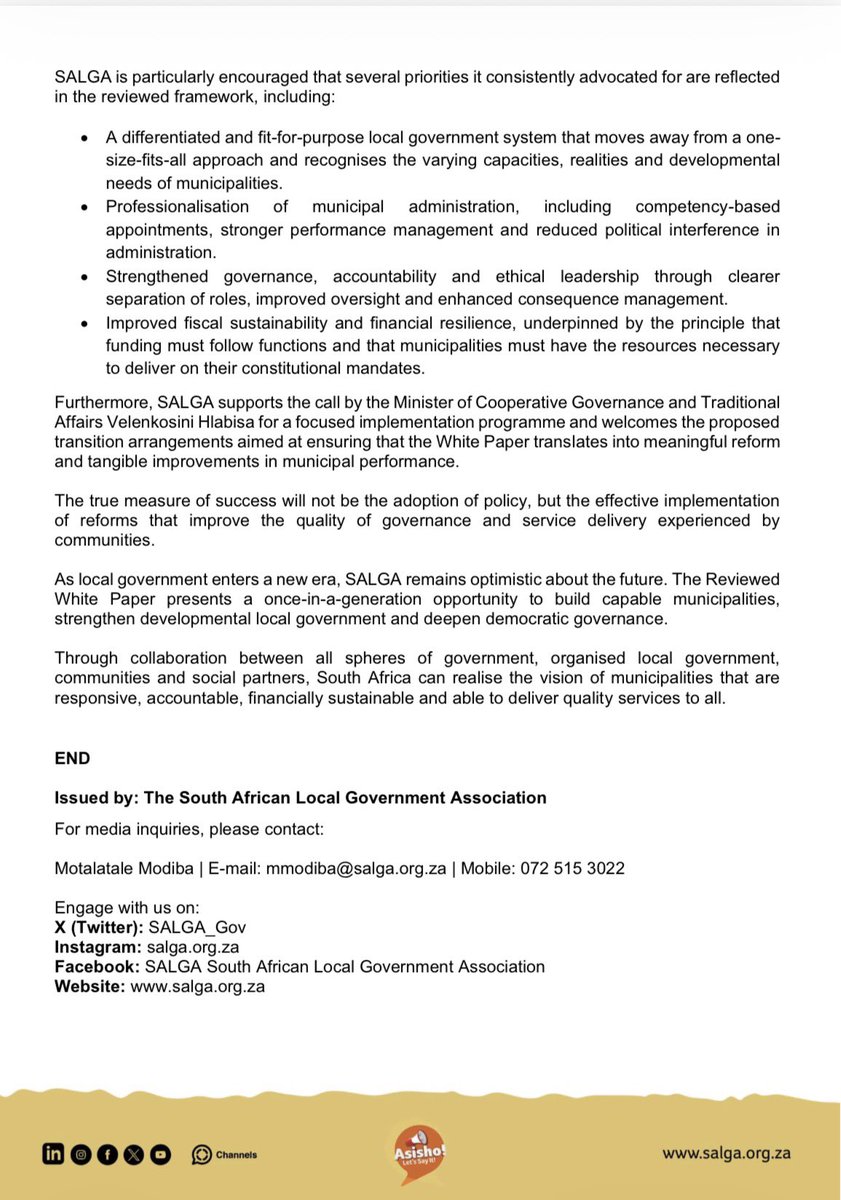 SALGA_Gov's tweet photo. SALGA Welcomes Cabinet Approval of Reviewed White Paper on Local Government

This is a landmark milestone in the ongoing transformation and renewal of South Africa's local government system.

#LGWhitePaper
#InspiringServiceDelivery https://t.co/EJw1Lk5Jvv