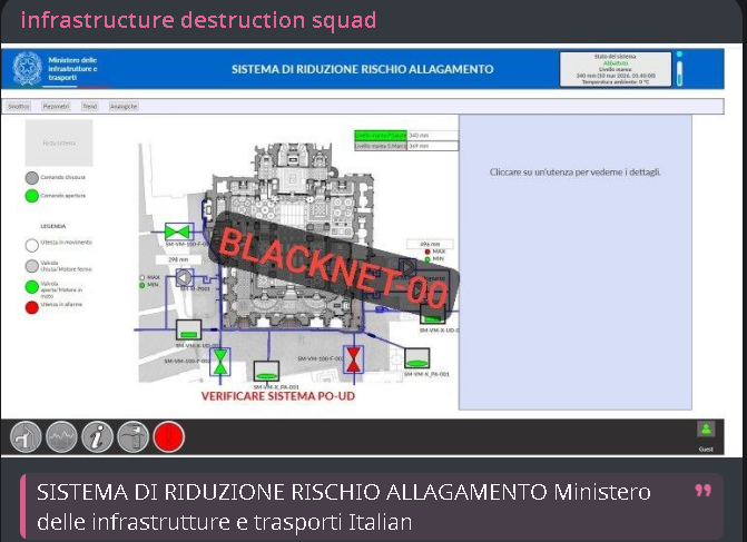 VECERTRadar's tweet photo. ⚠️ CRITICAL PREVENTIVE ALERT 🇮🇹 🛡️: ALLEGED COMPROMISE OF CRITICAL CONTROL SYSTEMS AT THE ITALIAN MINISTRY OF INFRASTRUCTURE AND TRANSPORT (ACTOR: BLACKNET-00 / INFRASTRUCTURE DESTRUCTION SQUAD)

[STATUS: UNCONFIRMED; EVIDENCE VISIBLE BUT NOT VERIFIED / THREAT ACTOR: BLACKNET-00 / DATE: SEPTEMBER 29, 2026]

The centralized cyber-intelligence system has detected a high-risk notification circulated on September 29, 2026, linked to the groups "Infrastructure Destruction Squad" and BlackNet-00. The report indicates alleged unauthorized access to and manipulation of the control interface for the Flood Risk Reduction System (*Sistema di Riduzione Rischio Allagamento*) under the Italian Ministry of Infrastructure and Transport (*Ministero delle Infrastrutture e dei Trasporti*).

It is strictly noted that the veracity of this compromise and actual interference with operational systems have not been officially confirmed by Italian government authorities. The definitive status of the infrastructure remains unconfirmed.

🛡️ PREVENTIVE TECHNICAL CONTAINMENT RECOMMENDATIONS (SOC / CSIRT / CRITICAL INFRASTRUCTURE)

Immediate OT/IT Network Isolation: Italian government incident response teams must isolate internet-facing water control gateways, revoke compromised credentials, and verify event logs. 

🖥️ CENTRALIZED THREAT MONITORING SYSTEM

Intelligence System: https://t.co/wk9bZJ3laQ

Quickly check your security at: https://t.co/QZhWp0ldhm

Quotes and services: https://t.co/sx3BM5zJdi

#Cybersecurity #ThreatIntel #CriticalInfrastructure #Italy #BlackNet #InfrastructureDestructionSquad #ICS #SCADA #InfoSec #CyberAlert #VECERT #SOC #CSIRT #Unconfirmed #SecurityAlert