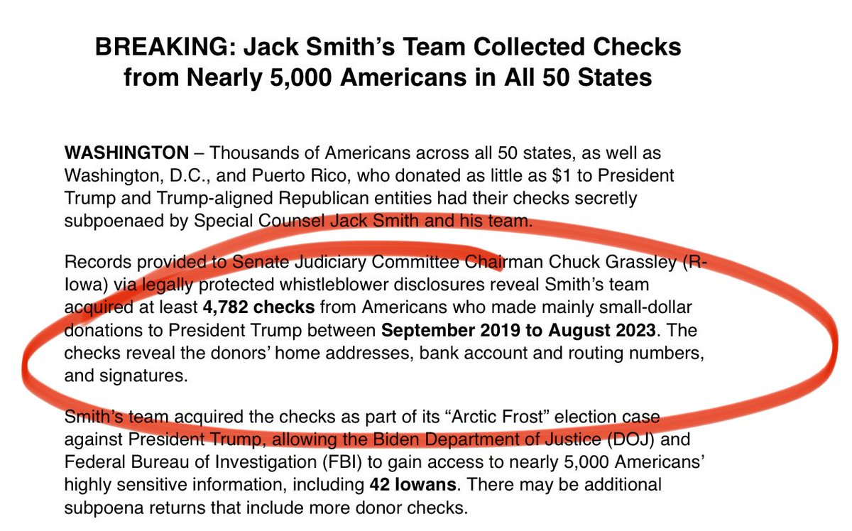 C__Herridge's tweet photo. WHISTLEBLOWERS: “Thousands of Americans across all 50 states, as well as Washington, D.C., and Puerto Rico, who donated as little as $1 to President Trump and Trump-aligned Republican entities had their checks secretly subpoenaed by Special Counsel Jack Smith and his team” @ChuckGrassley