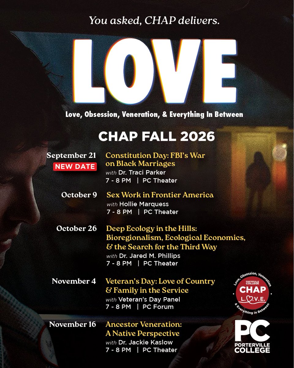 PCollegePirates's tweet photo. Don't miss the new CHAP series "LOVE" which explores "Love, Obsession, Veneration, &amp; Everything in Between" happening this fall!

Learn more at the CHAP website or view the flyer below: https://t.co/n38DxnLJxh 

#CHAP https://t.co/G7tZS7l4N7