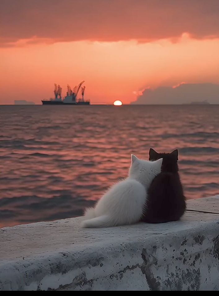 Two cats, one white and one black, sit together on a concrete ledge watching a vibrant orange sunset over the ocean, with a cargo ship visible on the horizon.