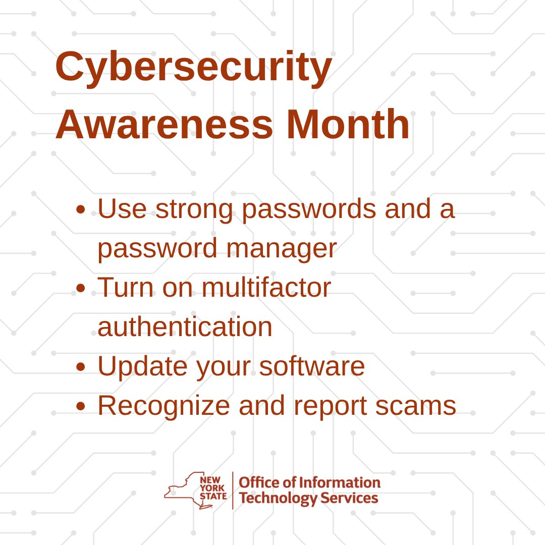 NYSITS's tweet photo. #CybersecurityAwarenessMonth starts later this week! Learn simple steps on how to #StaySafeOnline. For helpful resources this month and year-round, visit the ITS Cybersecurity webpage: https://t.co/k5rj0nHOIh https://t.co/hh7Ulq0wvA