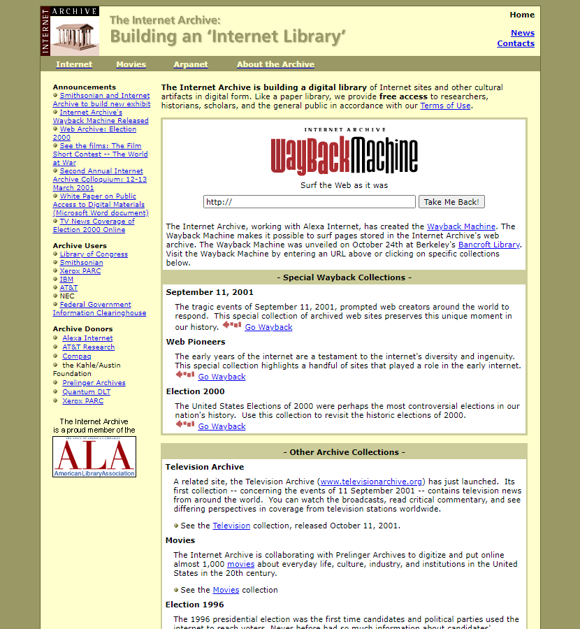 WebDesignMuseum's tweet photo. Happy 25th Birthday Wayback Machine!    

On October 24, 2001, The Internet Archive organization launched a free digital archive of websites for the general public called the Wayback Machine.  

The oldest pages stored in the archive date back to 1996. https://t.co/RsxxBZoVNh