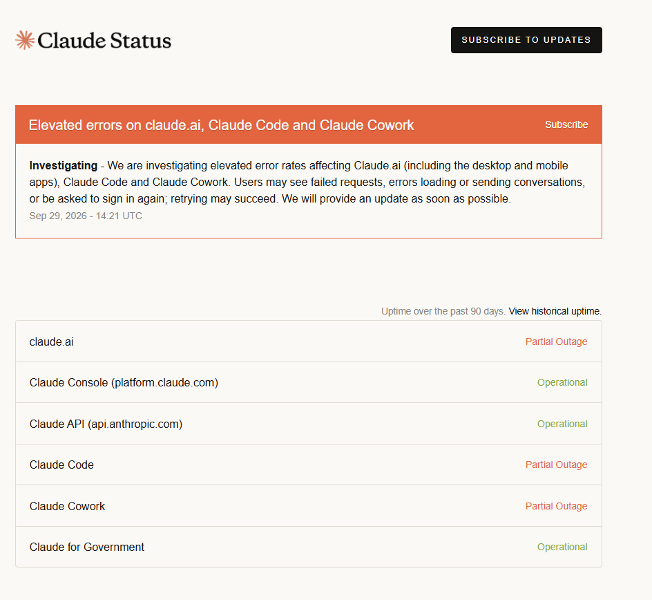 ParadoxM18139's tweet photo. #Claude is down. Partial outage observed across https://t.co/3K6qgG6qqX, Claude Code and Claude Cowork. @claudeai @ClaudeDevs what's happening? https://t.co/2cU4vf82vn