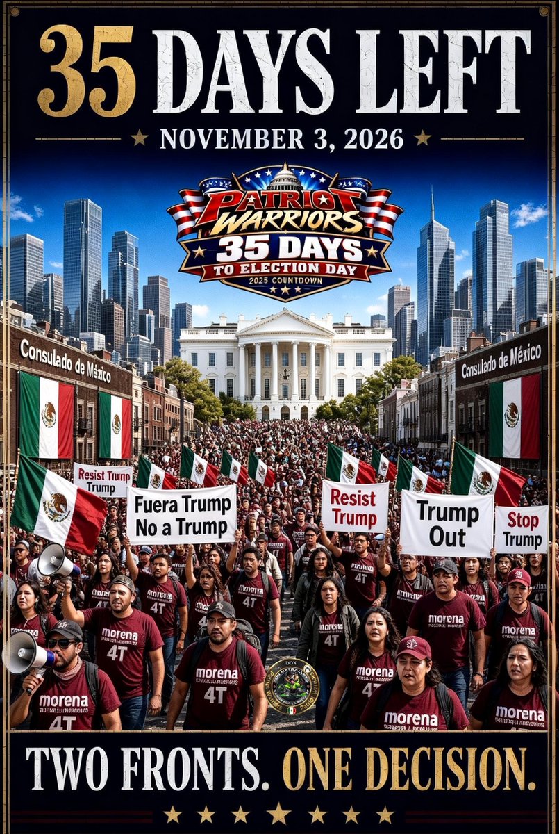 Baldo04555156's tweet photo. MIDTERMS | 35 DAYS
ALERT FROM THE CONSULATES 🇲🇽

While in Washington the Department of Justice is starting to expose noncitizen votes — including cases of Mexican nationals who registered and voted without being citizens — on the streets of the United States the 4T is not sitting still.
Sources and reports from party activists indicate that Morena operatives are using meetings with Mexican nationals — and the consular network as a gathering point — to recruit, organize, and distribute anti-Trump propaganda ahead of November 3. Burgundy shirts. Banners. Fuera Trump. Resist Trump. Same message, different flag.
Mexico denies interference. It says it is only protecting its citizens.
The question is not the SRE press release.
The question is: why does a foreign government need partisan militants at the doors of its consulates in a U.S. election year?
Trump gets in their way: the cartels, the border, fentanyl, and ideology.
They do not want him to continue.
We do need to know.

35 days. Two fronts. One decision.
 
 Faith, Family, and Freedom.🦅🇺🇲
VOTE RED 🔴
#PatriotWarriors #Midterms2026 #ElectionIntegrity
