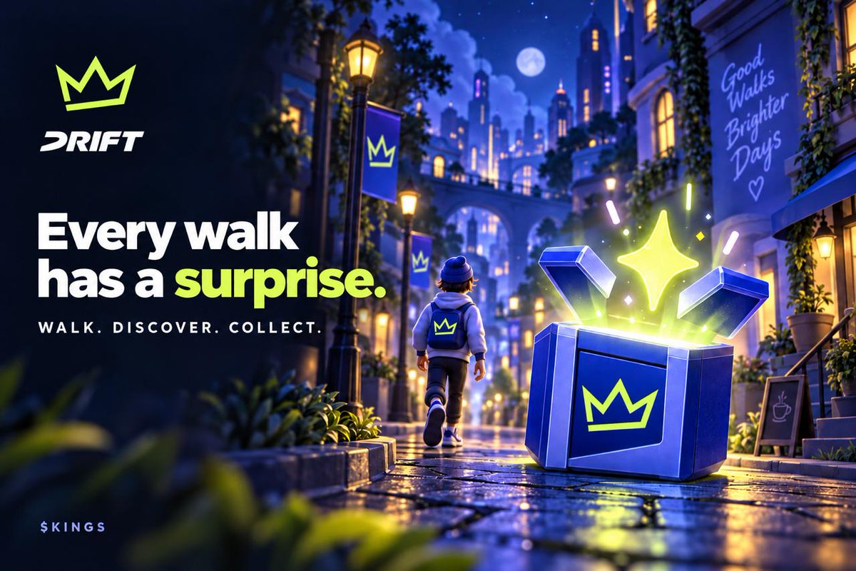 DRIFTKINGSApp's tweet photo. Your screen has had enough of your day. Take some of it back.

Meet DRIFT. A little adventure hiding in your everyday city.

Go for a walk. Unlock a mystery box. Watch it open and discover a little wonder for your collection.

That familiar route to get coffee? A chance to find something new. The longer way home? Suddenly a little more tempting.

We’re building for that “alright, one more box” feeling. Something fun to look forward to when you step outside.

This is just the first step. There’s a lot more to discover.

Every walk has a surprise.
$KINGS