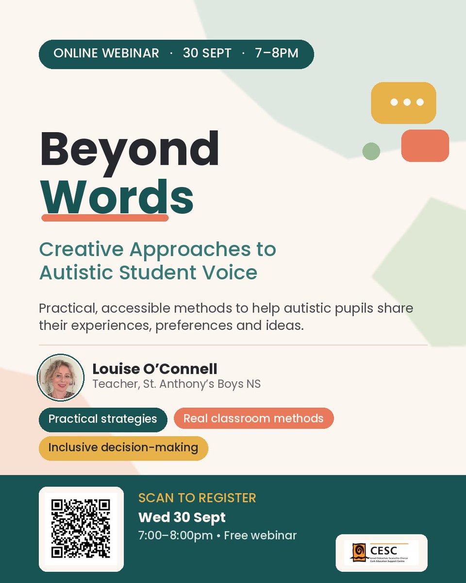 cork_cesc's tweet photo. Free webinar tomorrow! 🎉 
"Beyond Words: Creative Approaches to Autistic Student Voice" with Louise O'Connell. 

Practical, accessible ways to hear from pupils in autism classes beyond verbal discussion.

📅 30th Sept, 7pm-8pm
🔗 https://t.co/rk09eqAA1k https://t.co/ux82YqyNYi