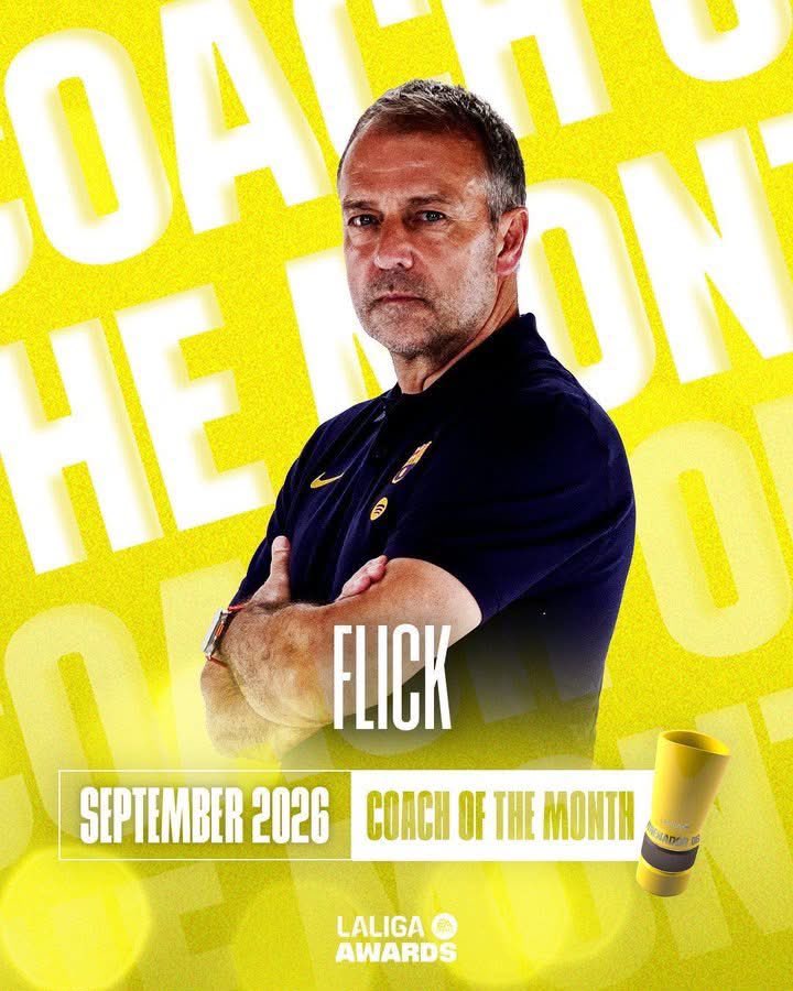 barcaPlus3's tweet photo. 🚨 𝗢𝗙𝗙𝗜𝗖𝗜𝗔𝗟: Hansi Flick has been named La Liga Coach of the Month for https://t.co/70yZJkm4PZ went 4 games unbeaten in September, scoring 19 goals and conceding just 5.

#barca #fcbarcelona #hansiflick https://t.co/KXWK5hnOp5