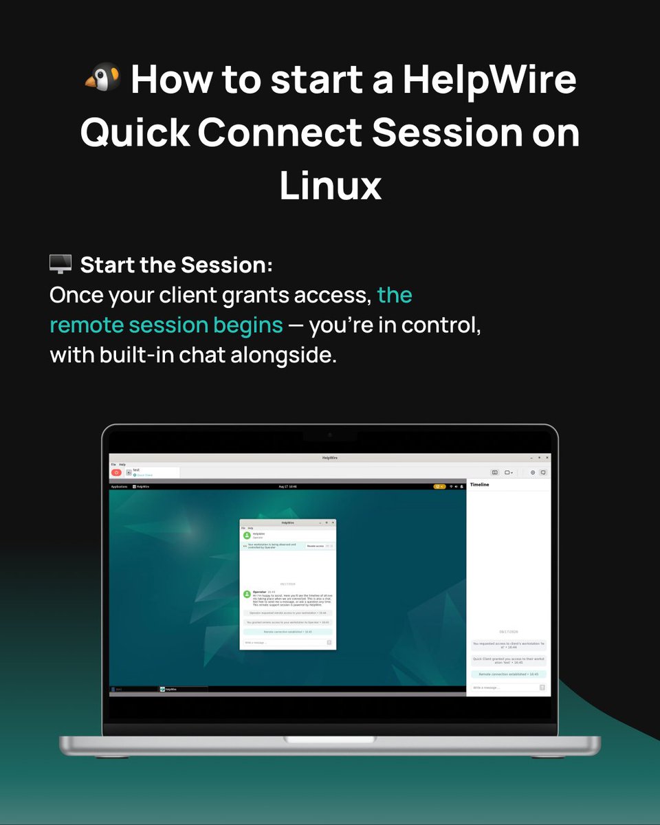 help_wire's tweet photo. 🐧Remote support from Linux: download, extract, run, send a link. Done.

No install, no account - HelpWire Quick Connect is a portable .tar.gz for Ubuntu, Debian, CentOS, RHEL 9, Fedora 39+. https://t.co/mEDz7LBChj