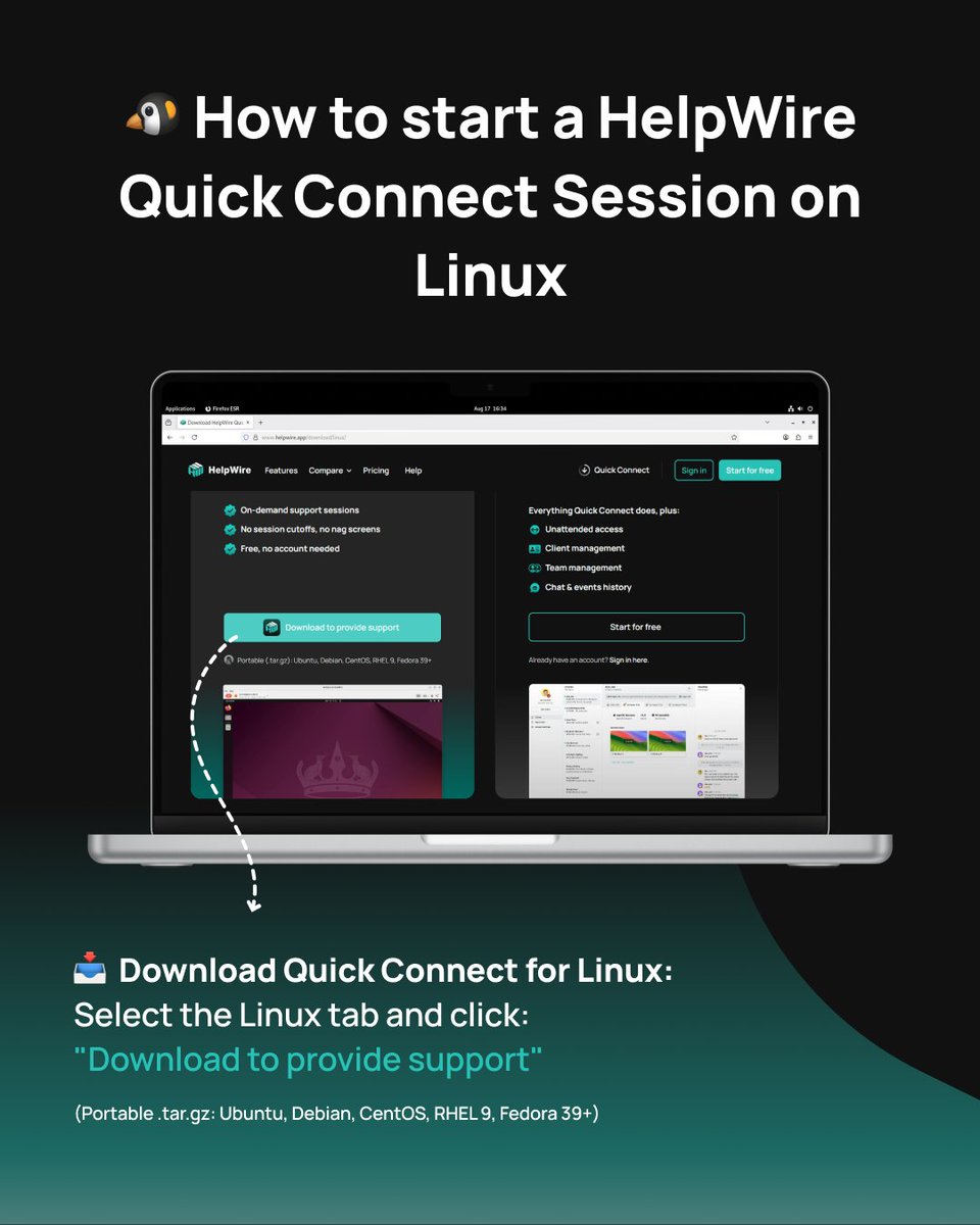 help_wire's tweet photo. 🐧Remote support from Linux: download, extract, run, send a link. Done.

No install, no account - HelpWire Quick Connect is a portable .tar.gz for Ubuntu, Debian, CentOS, RHEL 9, Fedora 39+. https://t.co/mEDz7LBChj
