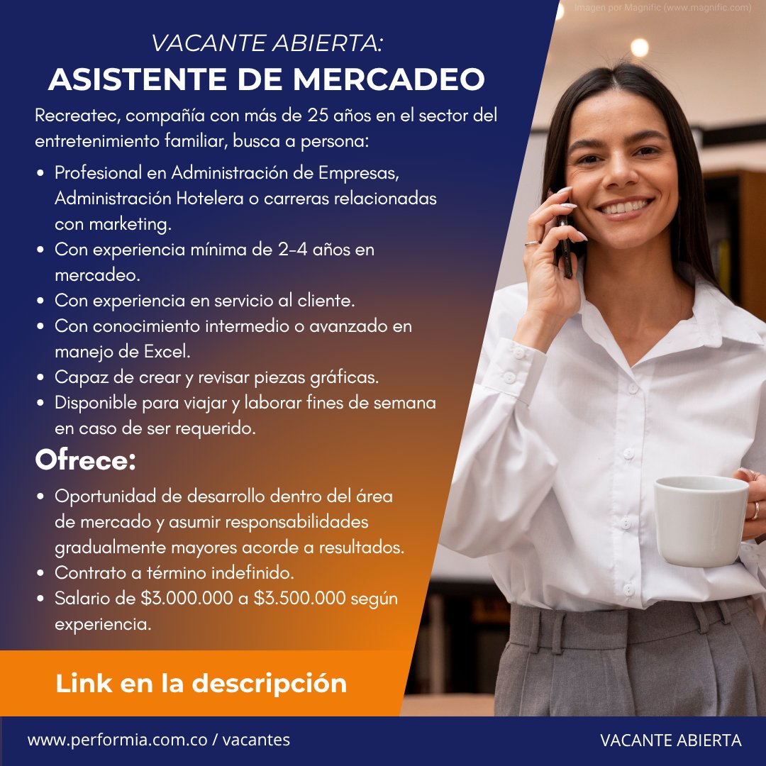 Performia_Col's tweet photo. ¿Tienes experiencia como asistente de mercadeo? Aplica aquí: https://t.co/C15JSyCRXm
#asistente #mercadeo #trabajosihay #bogota #empleo https://t.co/cME2EvE6e0