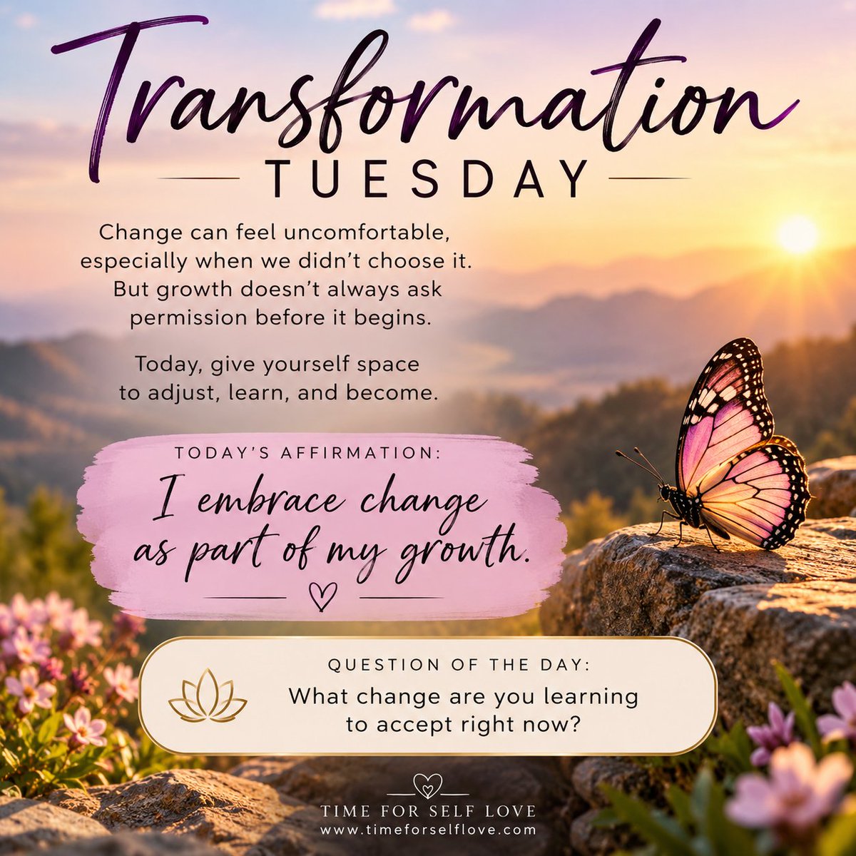 timeforselflove's tweet photo. 🌿 Transformation Tuesday 🌿
Change isn’t always easy, but it can lead us toward growth.
✨ Affirmation:
I embrace change as part of my growth.
💭 What change are you learning to accept?
#TransformationTuesday #SelfLove https://t.co/MEmZx6v6gc