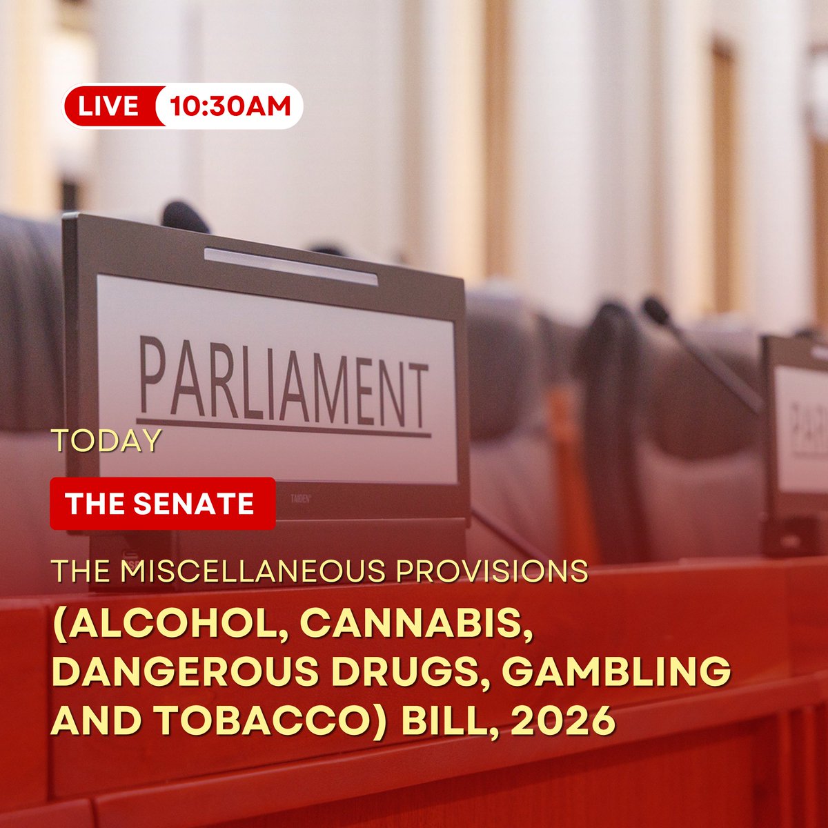 TTParliament's tweet photo. Be viewing the Parliament Channel or ParlView TODAY at 10:30 a.m. as senators add their voices to the debate on the Miscellaneous Provisions (#Alcohol, #Cannabis, #DangerousDrugs, #Gambling and #Tobacco) Bill, 2026.

Tune in!
https://t.co/UmLcAlpZ11

#TTParliamentSenate https://t.co/HdnNDZGgSr