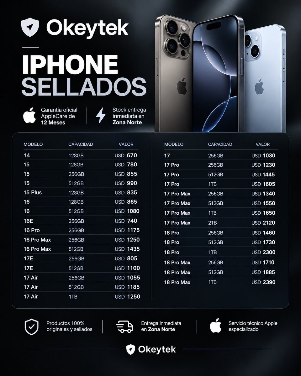 OkeytekS's tweet photo. Siguen bajando los precios! 💸 #iPhoneNuevo #iPhone #Apple #AppleiPhone https://t.co/pEbIpD4hfA