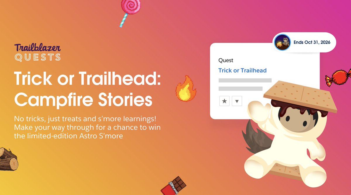 trailhead's tweet photo. 🎃 Calling all Trailblazers — Trick or Trailhead is back, and we're hungry for s'more learning. 

Take on the Campfire Stories Quest and enter for a chance to snag a sweet surprise (and some Trailblazer street cred). 

🔥 Get on it: https://t.co/WmPvPKCGtx https://t.co/4QahPlcUpN