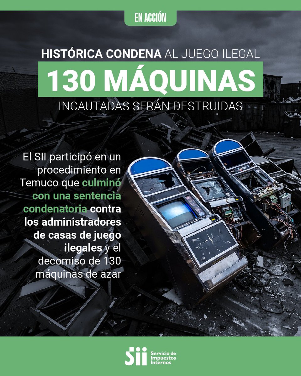 SII_Chile's tweet photo. Histórica condena contra el juego ilegal: 130 máquinas de azar serán destruidas tras una sentencia que marca un precedente en la persecución del comercio clandestino.
Un resultado logrado gracias al trabajo coordinado de diversas instituciones.
Conoce más en el link de la bio. https://t.co/a8bUWTLZQt
