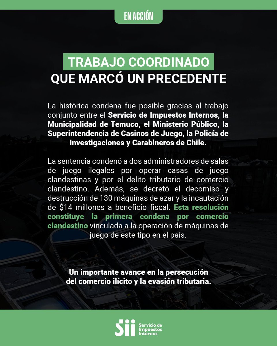 SII_Chile's tweet photo. Histórica condena contra el juego ilegal: 130 máquinas de azar serán destruidas tras una sentencia que marca un precedente en la persecución del comercio clandestino.
Un resultado logrado gracias al trabajo coordinado de diversas instituciones.
Conoce más en el link de la bio. https://t.co/a8bUWTLZQt