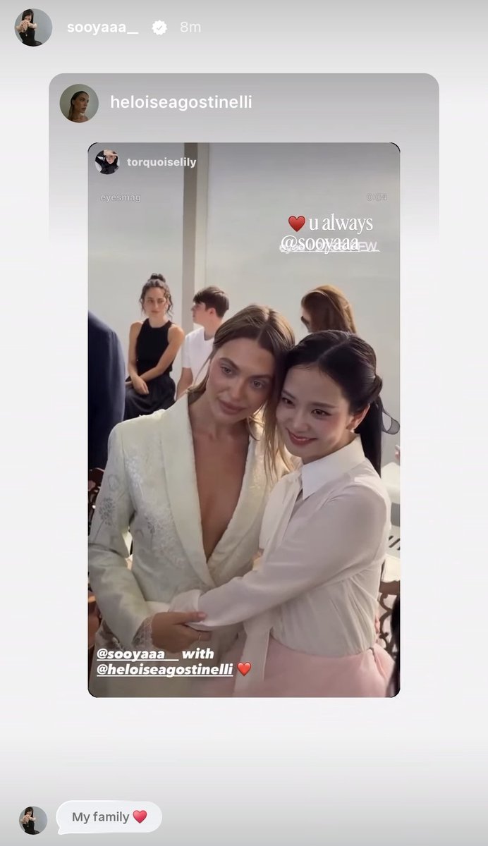 ForeverKimJisoo's tweet photo. Jisoo reposted Heloise IG update 🥹

Heloise: ❤️ u always @.sooyaa
Jisoo: My family ❤️  

🥹🥹🥹🥹🥹

HUMAN DIOR JISOO AT PFW 
#JISOOxDiorSummer27 https://t.co/1DWgGzrCUM