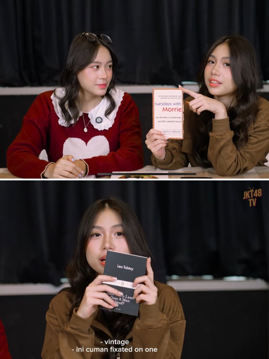 Oldschools_'s tweet photo. Buku yang dibawa Michie (@Michie_JKT48) di konten JKT48 TV 📚✨

• How Much Land Does A Man Need? - Leo Tolstoy
(Kisah klasik tentang ketakutan & ketakserakahan manusia)

• Tuesdays with Morrie - Mitch Albom
(Wejangan hidup bermakna & penuh haru dari seorang profesor)

#Os48 #MichieJKT48