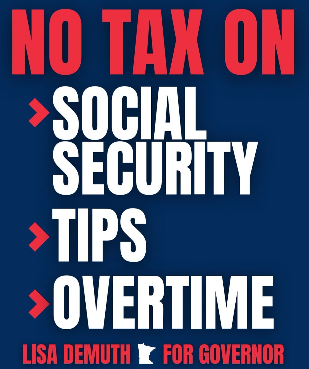 LisaDemuthMN's tweet photo. Minnesota is one of 8 states out of 50 that still taxes social security. Our seniors deserve better.

I’m the only candidate in this race for governor who has fought for and committed to eliminating the social security tax for all seniors. 

I’ve also fought for and committed to ending state tax on tips and overtime. 

It’s time for common sense measures to make life more affordable for our seniors, service industry workers and those who pull extra shifts to support their families.

Read more about my Affordability Plan for Minnesota:
https://t.co/6briAdforT