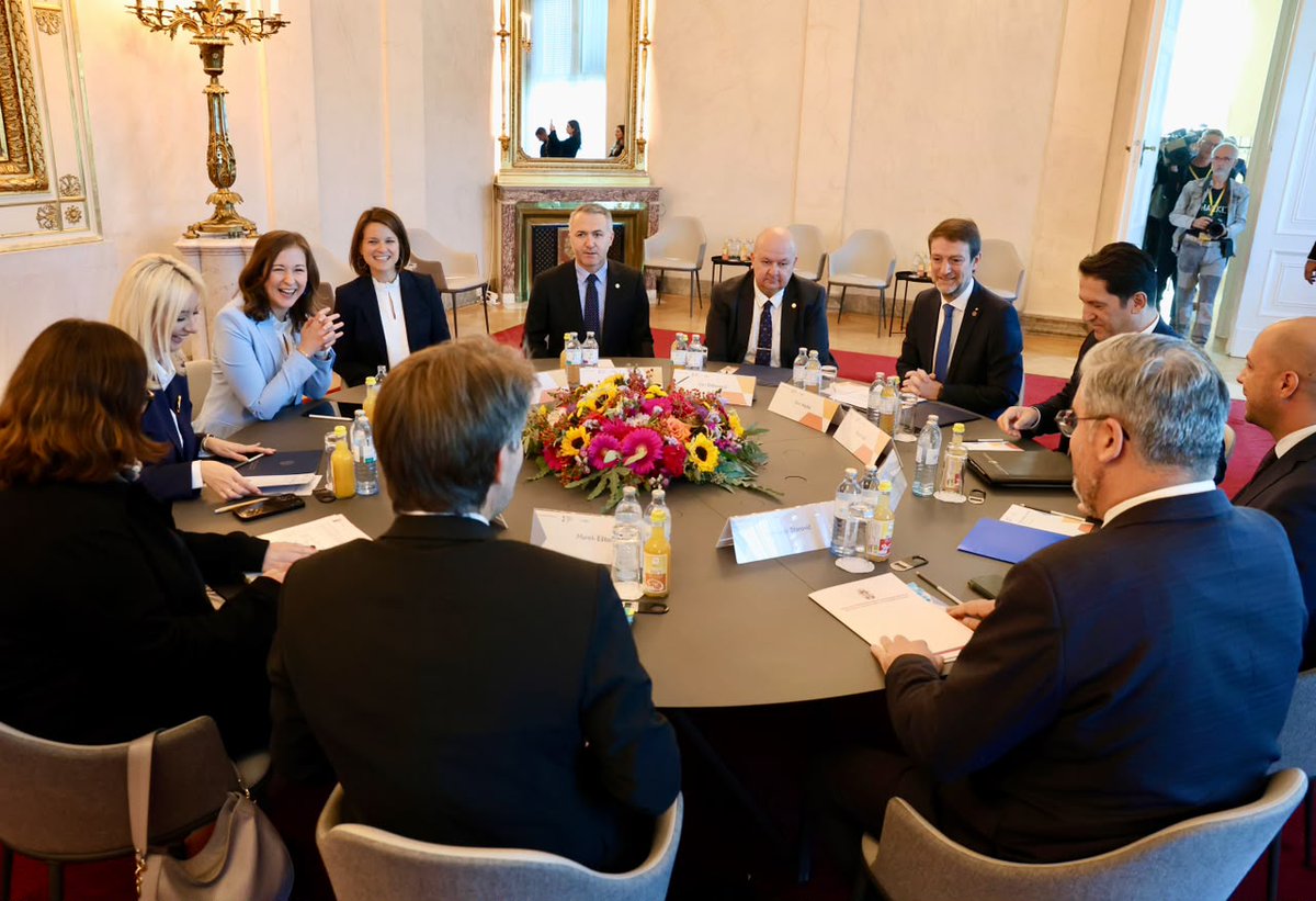 HoxhaFer's tweet photo. 📍Vienna -- Pleased to participate in the High-Level Meeting of European Affairs Ministers of the #Slavkov Format (Austria, Czechia and Slovakia) and the Western Balkans, graciously hosted at the Federal Chancellery by Austria’s Federal Minister for Europe, @claudiabauer_at. 🇦🇹

At a time when Europe faces an increasingly complex geopolitical environment, regional cooperation formats such as the Slavkov–Western Balkans framework are far more than complementary platforms. They are practical drivers of #European integration and powerful catalysts for progress.

They help us advance on two equally important fronts. For candidate countries, they provide a practical framework to strengthen institutions, align policies and build the experience necessary for successful EU membership. For Member States, they offer an opportunity to coordinate efforts, maintain momentum and reinforce the strategic case for #enlargement as a key investment in Europe’s future.

Our discussions focused on a shared objective: ensuring that enlargement remains a credible, merit-based process that delivers meaningful benefits for citizens at every step. 

I highlighted some of our key priorities as we move head 👇

• Bringing European Union closer to citizens through a stronger and more compelling narrative.

• Giving young people a genuine sense of belonging to the European family today, not only after accession.

• Turning gradual integration into concrete opportunities and benefits well before membership.

• Deepening institutional participation and preparing candidate countries to contribute effectively from day one as future Member States.

The European Union has always advanced through vision, courage, unity and a clear sense of purpose. In today’s strategically challenging landscape, enlargement is not merely a policy choice. It is a geopolitical imperative and a crucial investment in Europe’s peace, security, stability, competitiveness and resilience.

#Albania remains firmly committed to this path. We will continue to deliver results, advance on merit and work closely with our partners towards a stronger, more united and more secure Europe. 🇦🇱🇪🇺

#Albania2030 #SlavkovFormat