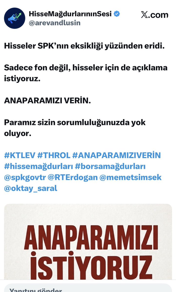 Yaar13810129449's tweet photo. Ana paramızi istiyoruz bizde.Fondaki vurgunun acısı bizden çıkıyor.Herkesin dilinda fon. Asıl Zarar ve mağdurlar hisselerde.1 milyondan fazla kişi batak
#KTLEV #THROL #pekgyo #tera #ANAPARAMIZIVERİN #hissemağdurları #borsamağdurları
@spkgovtr @RTErdogan @memetsimsek @oktay_saral https://t.co/pk1DCTufC3